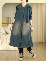 Buttoned Pockets A-Line Long Sleeves Round-Neck Outerwear Midi Dresses
