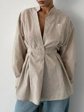 Pleated Split-Toe Striped Loose Puff Sleeves V-neck Blouses&shirts Tops