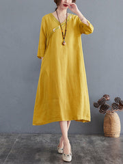 Cotton Blend V-Neck Embroidered Midi Dress