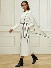 Long Sleeves Minimalist Belted Comfort Contrast Color Round-Neck Midi Dresses