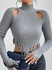Fringed Hollow Solid Color Split-Joint Long Sleeves Skinny High Neck Sweater Tops