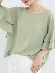 Solid Color Flying Sleeves Loose Round-neck Blouses&shirts Tops