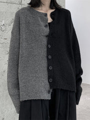 Asymmetric Buttoned Contrast Color Split-Joint Long Sleeves Loose Round-Neck Cardigan Tops