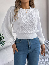 Cable Knit Solid Color Elasticated Waist Long Sleeves Round-Neck Sweater Tops Knit Top