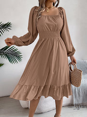 Pleated Ruffled Solid Color A-Line Elasticated Waist Square-Neck Midi Dresses
