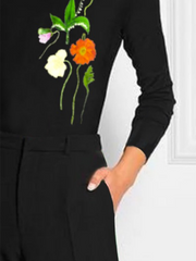 Flower Print Printed Split-Joint Long Sleeves Skinny High Neck T-Shirts Tops