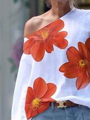 Long Sleeves Loose Flower Print One-Shoulder T-Shirts Tops