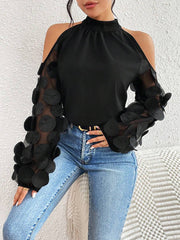 See-Through Solid Color Split-Joint Loose Puff Sleeves Cold shoulder Blouses