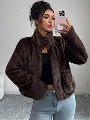 Pockets Solid Color Zipper Long Sleeves Loose Stand Collar Sweater Tops Outerwear