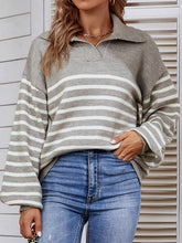 Casual Long Sleeves Loose Striped Lapel Collar Sweater Tops