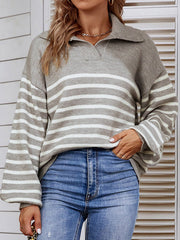 Casual Long Sleeves Loose Striped Lapel Collar Sweater Tops