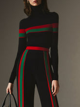 Split-Joint Striped Long Sleeves Skinny High Neck T-Shirts Tops