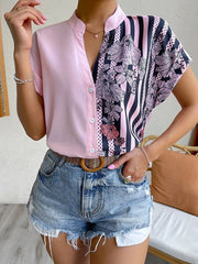 Buttoned Contrast Color Flower Print Striped Loose Short Sleeves V-Neck Blouses&Shirts Tops