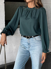 Elasticity Pleated Ruffle Trim Solid Color Long Sleeves Loose Mock Neck Blouses&Shirts Tops