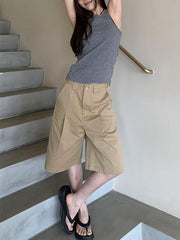 Pleated Solid Color High Waisted Loose Shorts Bottoms Half Pants