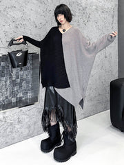 Asymmetric Contrast Color Split-Joint Textured Batwing Sleeves Irregularity V-Neck Sweater Tops