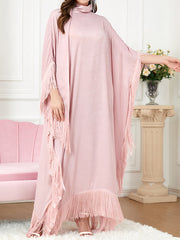Ribbon Solid Color Tasseled A-Line Batwing Sleeves Maxi Dresses