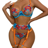 4 Piece Set Color Block Large Flower Embroidery Underwire Belt Leg Ring Thong