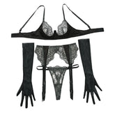 4 Piece Set Embroidered Lace Stitching Perspective Back Latex Catsuit