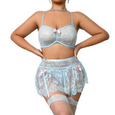 4 Piece Western Pink Thin Lace Wireless Soft Plus Size Underwear Bra Briefs With Stockings Lingerie Sets