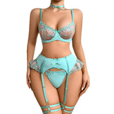 4 Pieces Patchwork Flower Embroidery Bra Belt Leg Ring Thong Blue Sweet Soft Lovely Lingerie Set