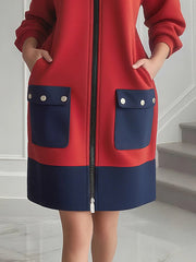 Long Sleeves Loose Contrast Color Pockets Split-Joint Zipper Round-Neck Midi Dresses
