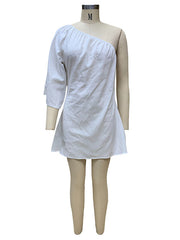 Asymmetric Elasticity Solid Color Loose Three-Quarter Sleeves One-Shoulder Mini Dresses
