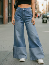 Contrast Color Pockets High Waisted Wide Leg Jean Pants Bottoms