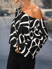 Asymmetric Letter Print Long Sleeves Loose One-Shoulder Blouses&Shirts Tops