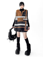 Contrast Color Geometric Split-Joint Striped Loose Sleeveless V-Neck Vest Top Outerwear