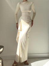 Asymmetric Pleated Ruffled Solid Color Split-Joint Bodycon High Waisted Round-Neck Maxi Dresses