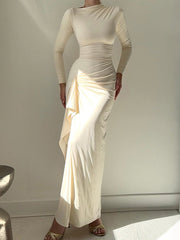 Asymmetric Pleated Ruffled Solid Color Split-Joint Bodycon High Waisted Round-Neck Maxi Dresses