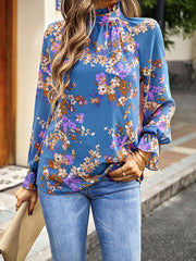 Elasticity Flower Print Flared Sleeves Long Sleeves Round-Neck Blouses&Shirts Tops