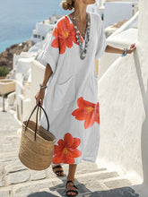 Half Sleeves Loose Flower Print V-Neck Midi Dresses