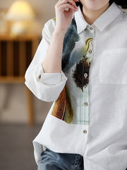 Contrast Color Feathers Printed Long Sleeves Loose Lapel Blouses