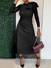 Bowknot Solid Color Split-Joint A-Line Long Sleeves Round-Neck Midi Dresses