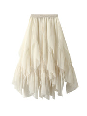 Elasticity Gauze Pleated Solid Color Split-Joint A-Line Loose Skirts