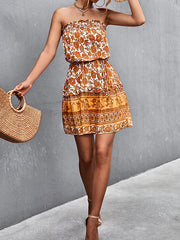 Elasticity Flower Print Tied Waist A-Line High Waisted Tube Mini Dresses