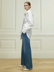 Long Sleeves Loose Brooch Elasticity Heart Shape Pleated Print Lapel Collar Blouses&Shirts Tops