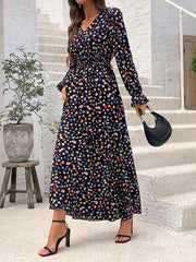 Elasticity Floral Printed Split-Joint Loose Puff Sleeves V-neck Maxi Dresses
