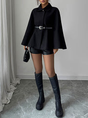 Belted Buttoned Solid Color Batwing Sleeves Long Sleeves Lapel Overcoat