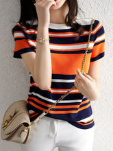 Contrast Color Striped Loose Short Sleeves Round-neck T-Shirts Tops