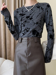 Flower Print Long Sleeves Round-Neck T-Shirts Tops