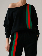 Long Sleeves Loose Contrast Color Striped One-Shoulder Sweatshirt Tops