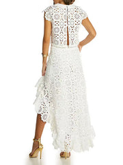 Jacquard Solid Color Flower Print Hollow Round-Neck Vest Top + Ruffle Trim Bodycon High-Low Skirts Bottom Two Pieces Set