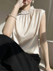 Pleated Ruffle Trim Solid Color Loose Sleeveless Stand Collar Vest Top