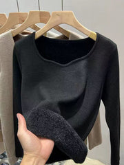 Keep Warm Solid Color Velvet Long Sleeves Skinny V-Neck T-Shirts Tops