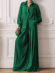 Pleated Solid Color Split-Joint High Waisted Loose Trousers Pants