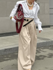 Pleated Solid Color Split-Joint High Waisted Loose Trousers Suit Pants