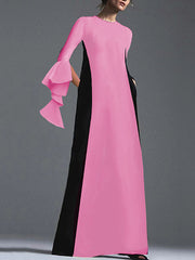 Contrast Color Pockets A-Line Flared Sleeves Round-Neck Maxi Dresses